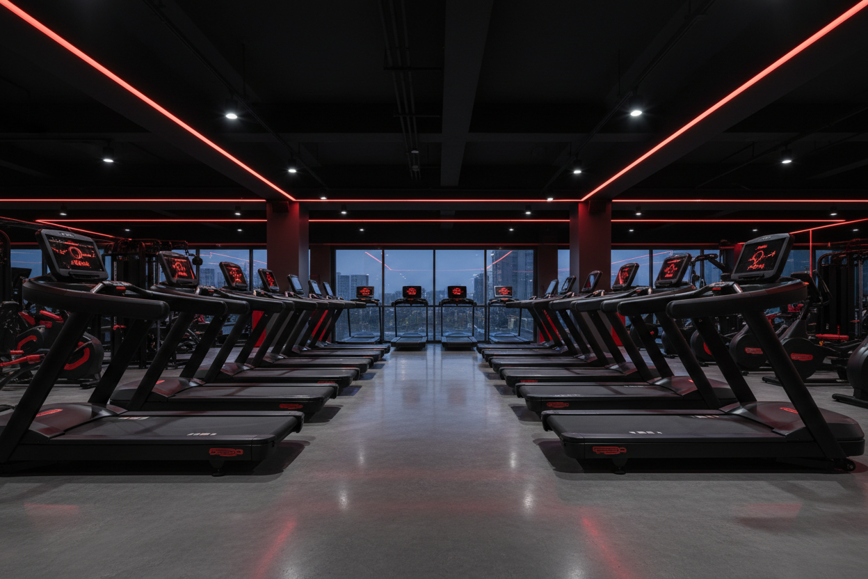 put some treadmils the theme is red and black without persons